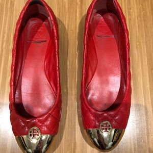 Tory Burch red and gold quilted flats